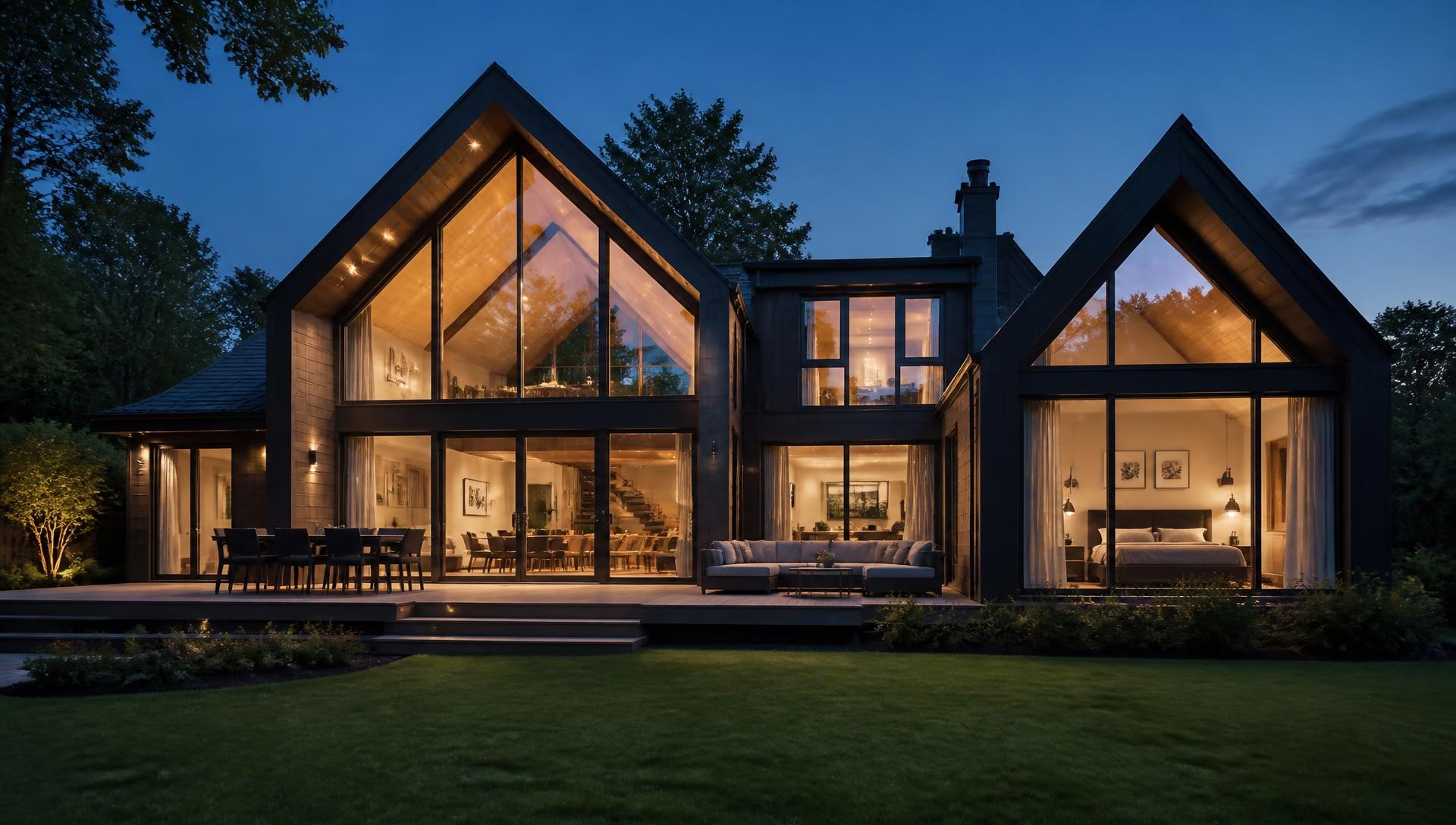 Contemporary home built by HIQ Construction at dusk